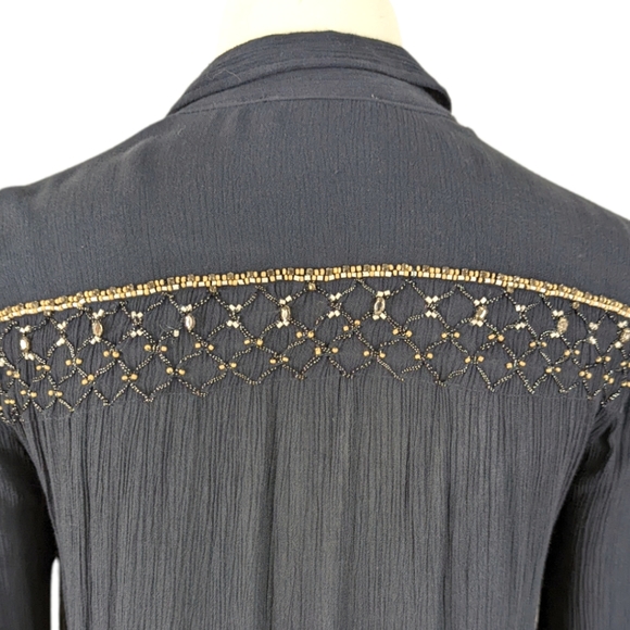 Anthropologie Floreat Beulah Beaded Tunic Button Down Top Blouse S Navy Blue - Picture 5 of 11